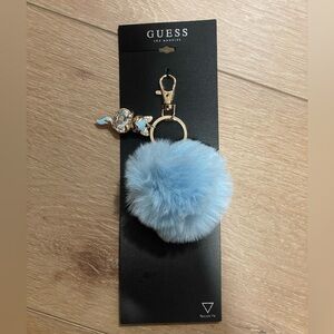 Guess Rhinestone Kitty Cat Blue Fluffy Pom Pom Bag Charm Keychain